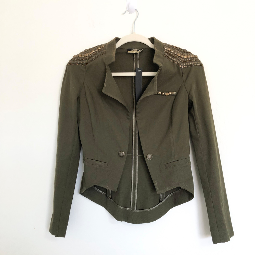 La Rok Luxe Olive Green Tuxedo StyleStudded Jacket